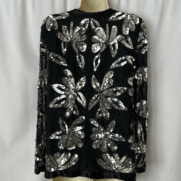 Sweelo Vtg Black/Silver Sequins Beaded Long Sleeve Silk Jacket Coat **Sz M**🌺🌺 - Picture 2 of 6
